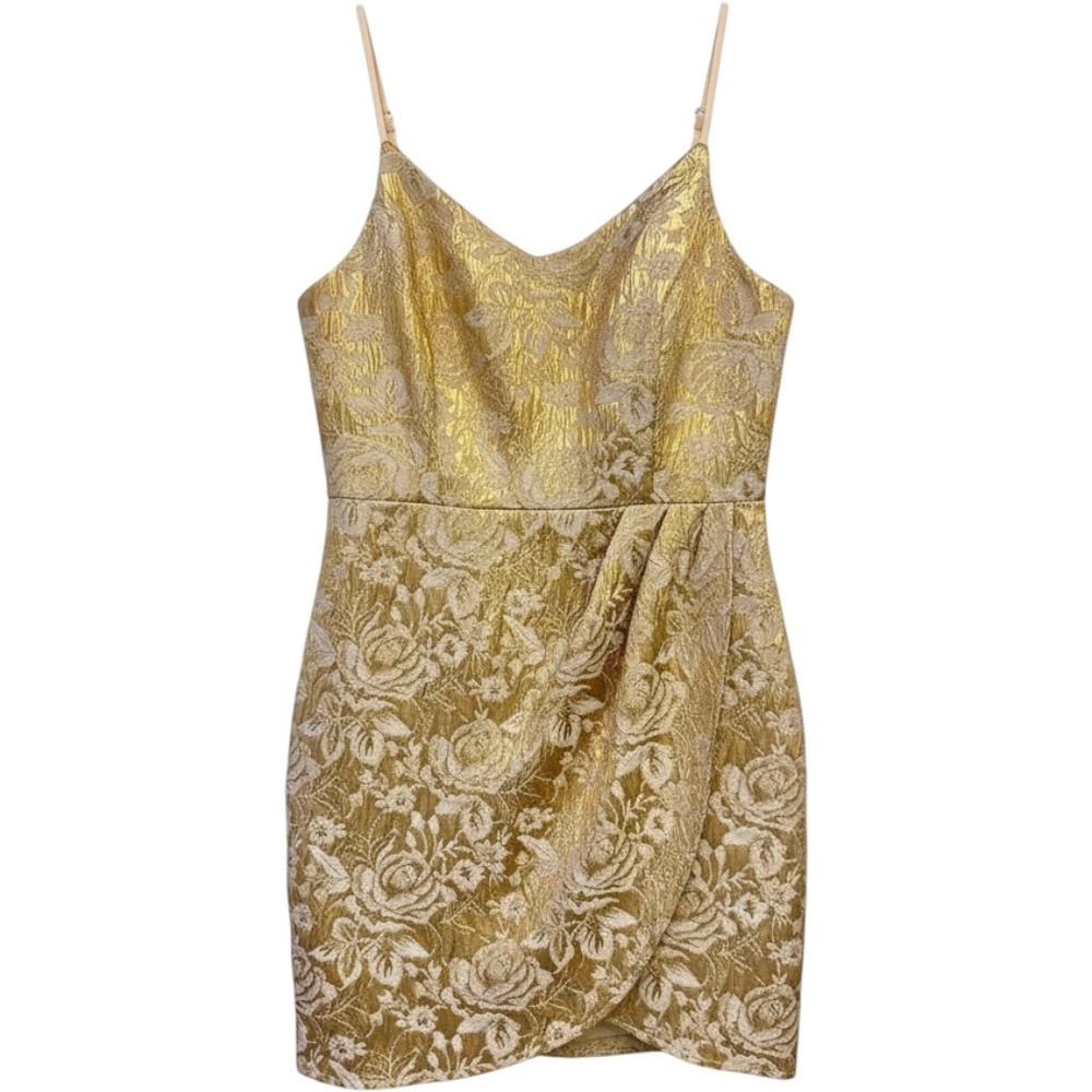 Lulus Gold Floral Brocade Metallic Wrap Mini Dress Cocktail Party V-Neck‎